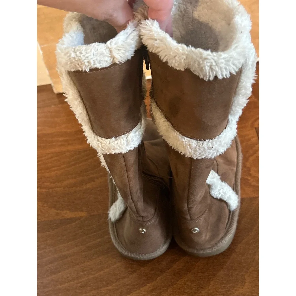 Michael Kors Girls Brown Faux Fur Trim Winter Boots Size 1 MK Logo Side Zip